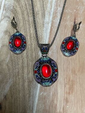 Red Gem Pendant Necklace and Earrings Set - Women Jewelry